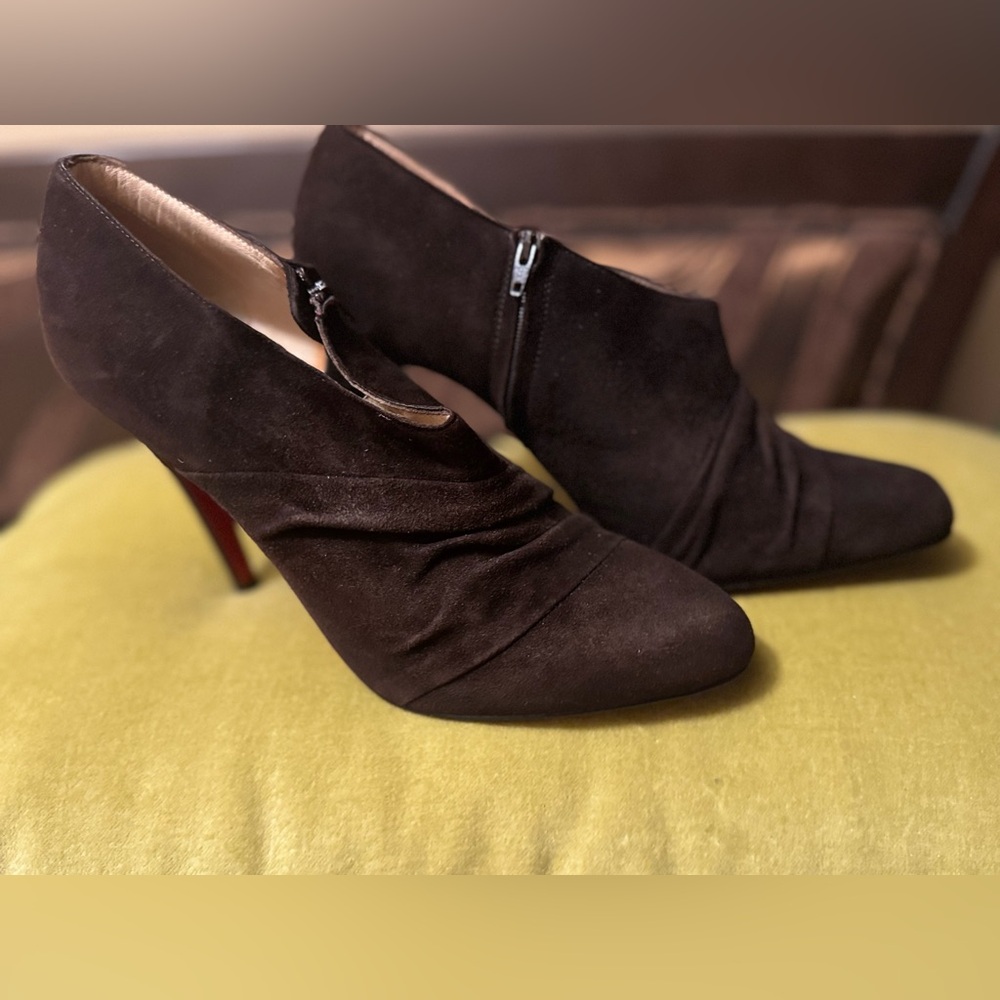 Christian Louboutin Suede Ruched Heel Ankle Booties in Chocolate Brown-Size EU39